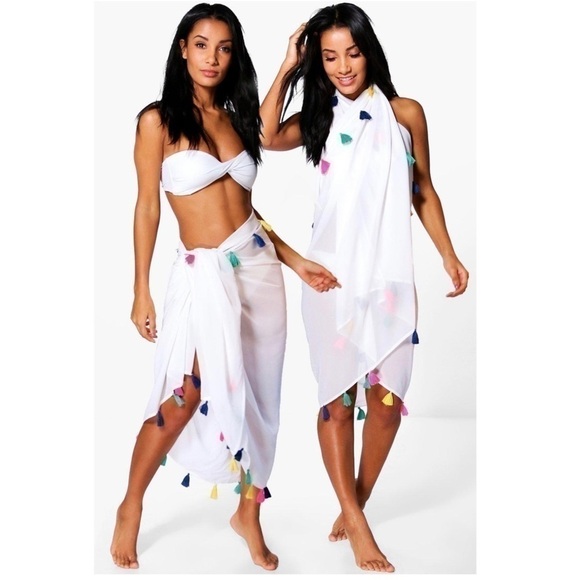Boohoo White Sheer Multi Way Beach Sarong Cover Up Rainbow Tassels One Size - Picture 1 of 5